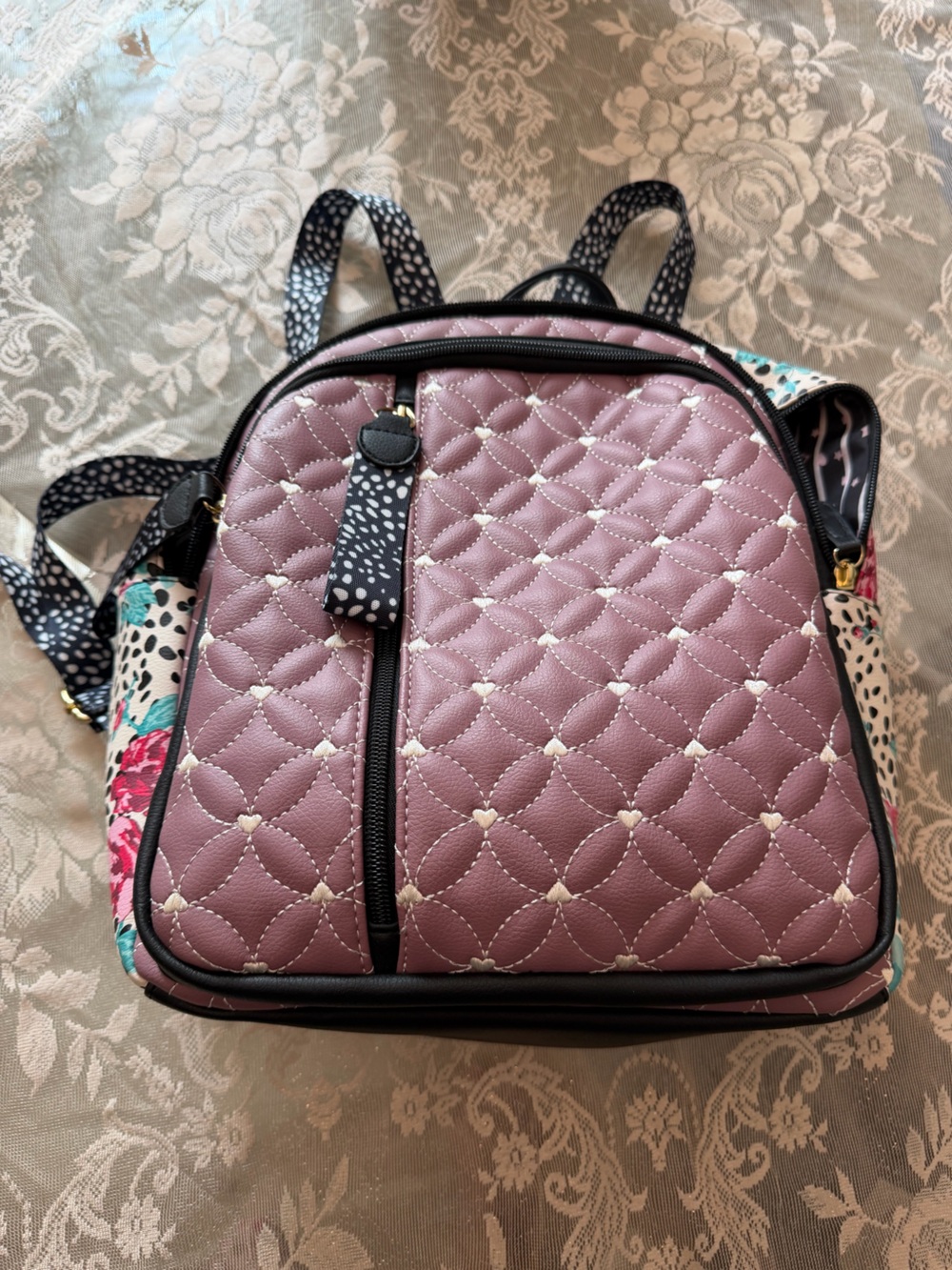 Betsey Johnson Small Quilted Mauve Backpack with Black Accent - Picture 2 of 11